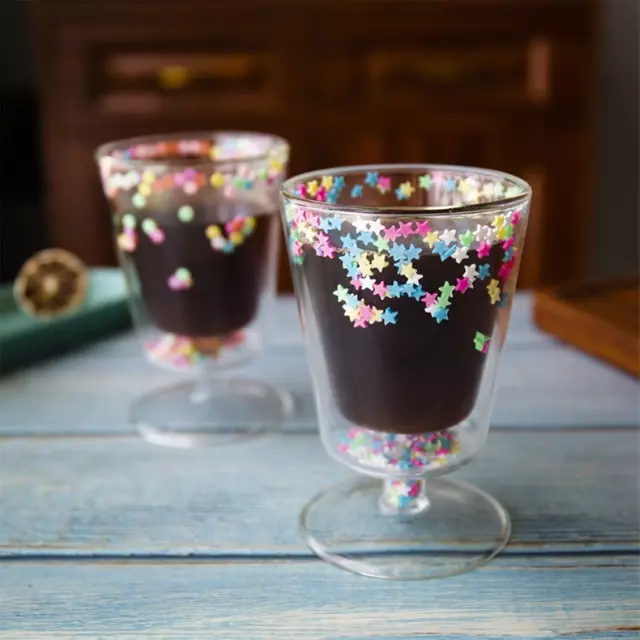 jiateng star confetti double wall stemmed glass cup, cute transparent tumbler