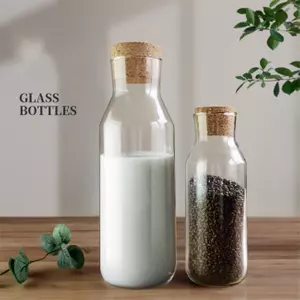 Transparent glass bottles with natural cork stoppers, airtight and leakproof design, perfect for storing milk, juice, dry fruits, or grains in the kitchen