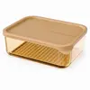 Horizontal single layer borosilicate glass food storage containers in 1270ml and 1800ml sizes with beige PP lids