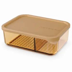Horizontal rectangular divided food storage containers available in 1240ml and 1750ml capacities with beige lids and fixed internal dividers