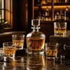 Whiskey decanter serving set with four coordinated old fashioned tumblers