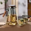 Glass water pitcher with wooden handle and filter lid for tea and fruit drinks