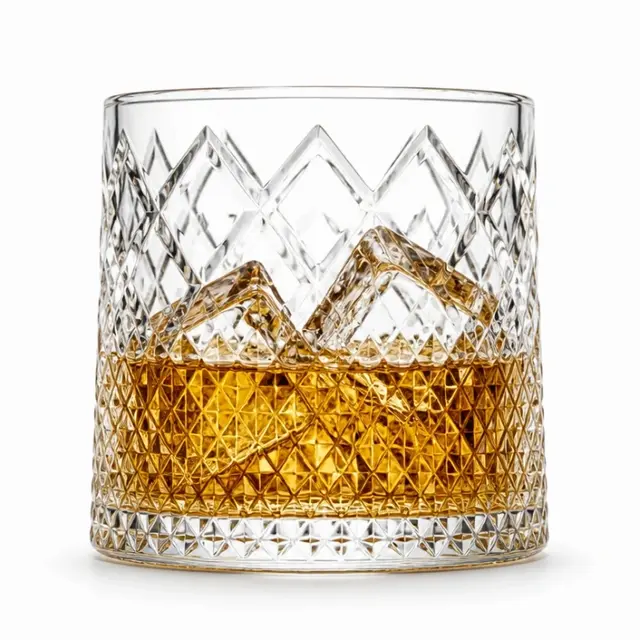Diamond cut mountain whiskey glass with textured geometric pattern and landscape design