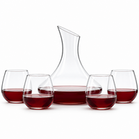 modern red wine decanter set with slanted spout and four stemless wine glasses