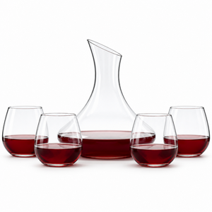 modern red wine decanter set with slanted spout and four stemless wine glasses