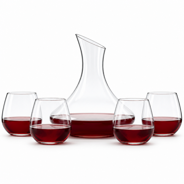 modern red wine decanter set with slanted spout and four stemless wine glasses