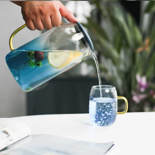 Elegant transparent glass pitcher and cup set for juice and water serving