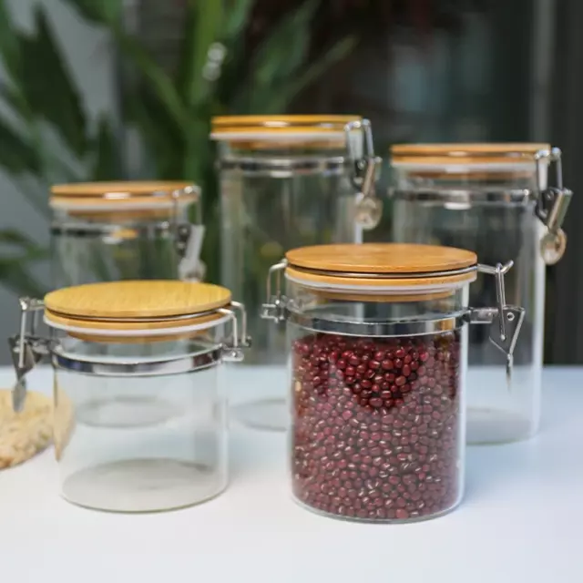 Jiateng airtight glass storage jars with bamboo lids and locking clips for kitchen pantry organization