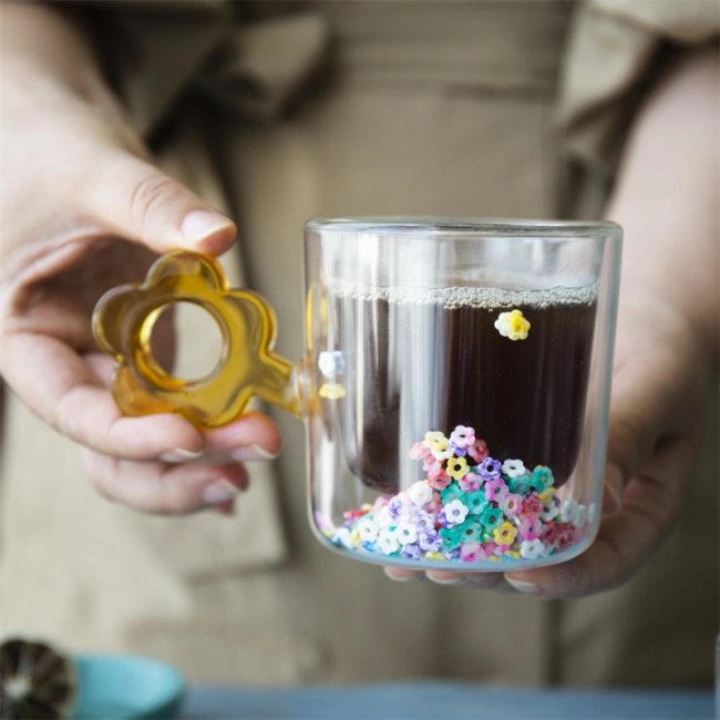 jiateng gold flower handle glass cup, aesthetic kawaii double wall tumbler