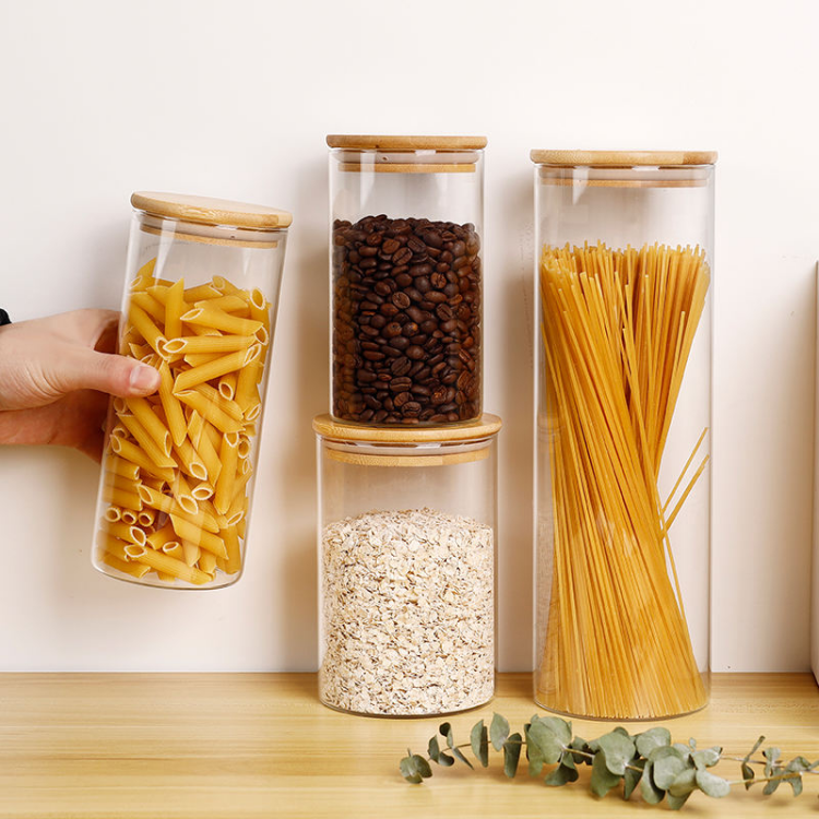 Jiateng clear glass storage jars with bamboo lids, perfect for cereals, beans, pasta, or snacks, modern and elegant design