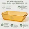 Detailed view of the vertical fluted exterior texture on a large amber glass baking pan designed for family meals and decorative kitchenware collections.