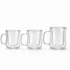 Clear double wall glass coffee mug with rounded body and transparent side handle