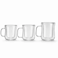 Clear double wall glass coffee mug with rounded body and transparent side handle