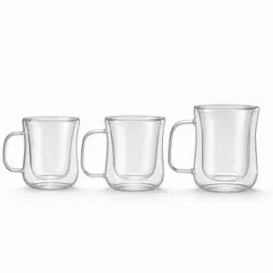 Clear double wall glass coffee mug with rounded body and transparent side handle