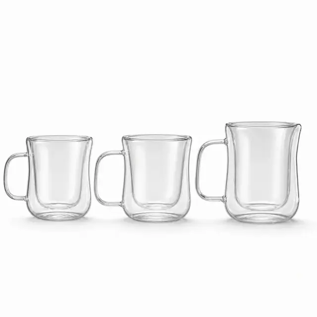 Clear double wall glass coffee mug with rounded body and transparent side handle