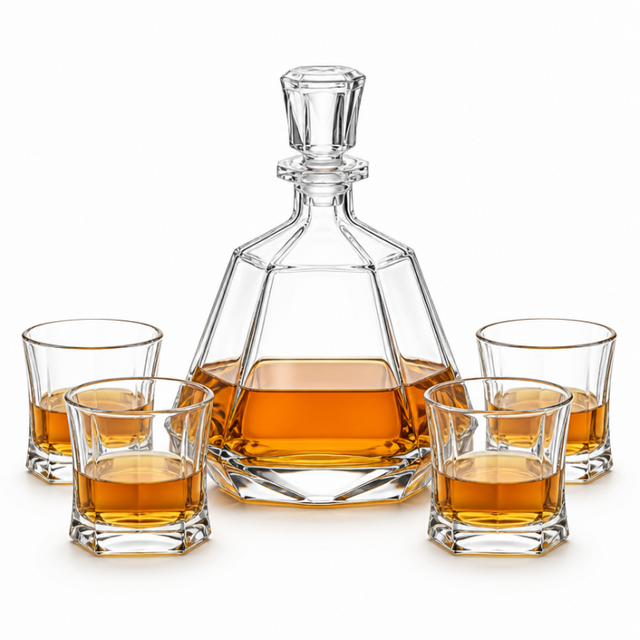 Geometric whiskey decanter set with four old fashioned whiskey glasses