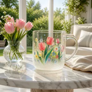 Jiateng floral glass mug with colorful tulip design and transparent glass body