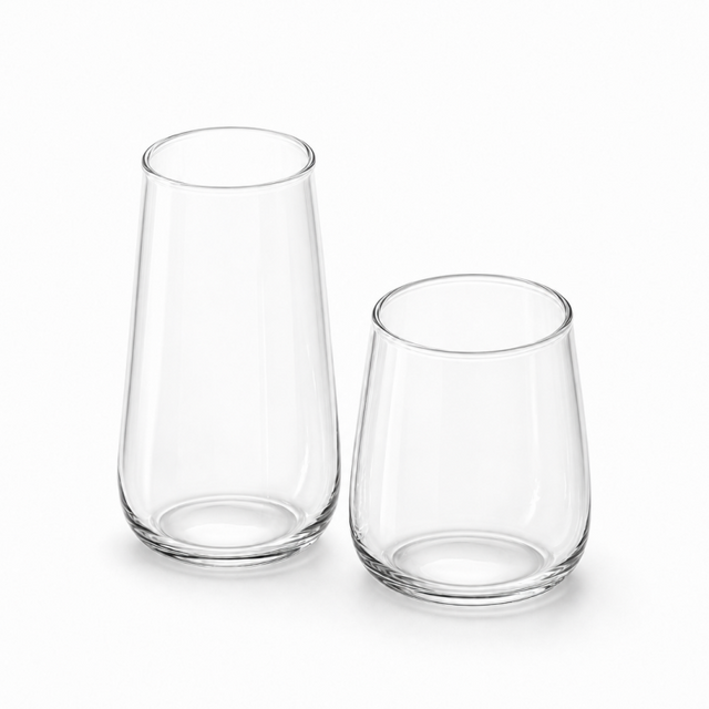Tall and short clear tapered iced coffee glasses with rounded bases