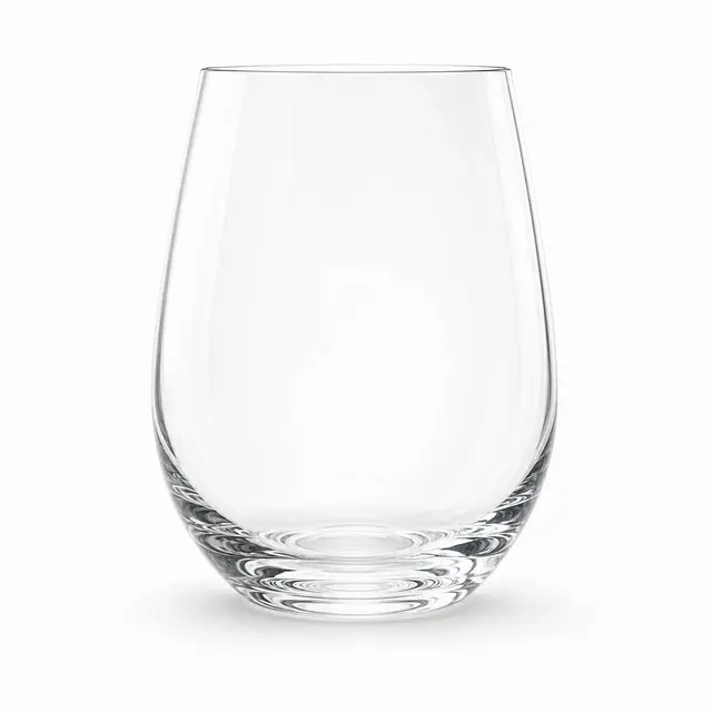 Clear rounded stemless drinking glass with thick transparent base
