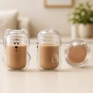 Cute bear shaped double wall glass cup for coffee and milk