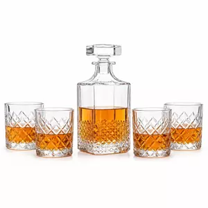Diamond pattern whiskey decanter set with four matching old fashioned glasses
