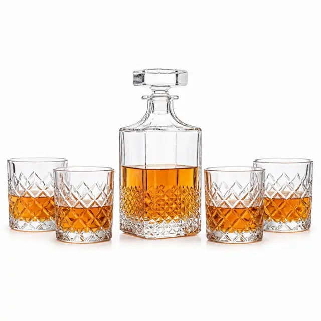 Diamond pattern whiskey decanter set with four matching old fashioned glasses