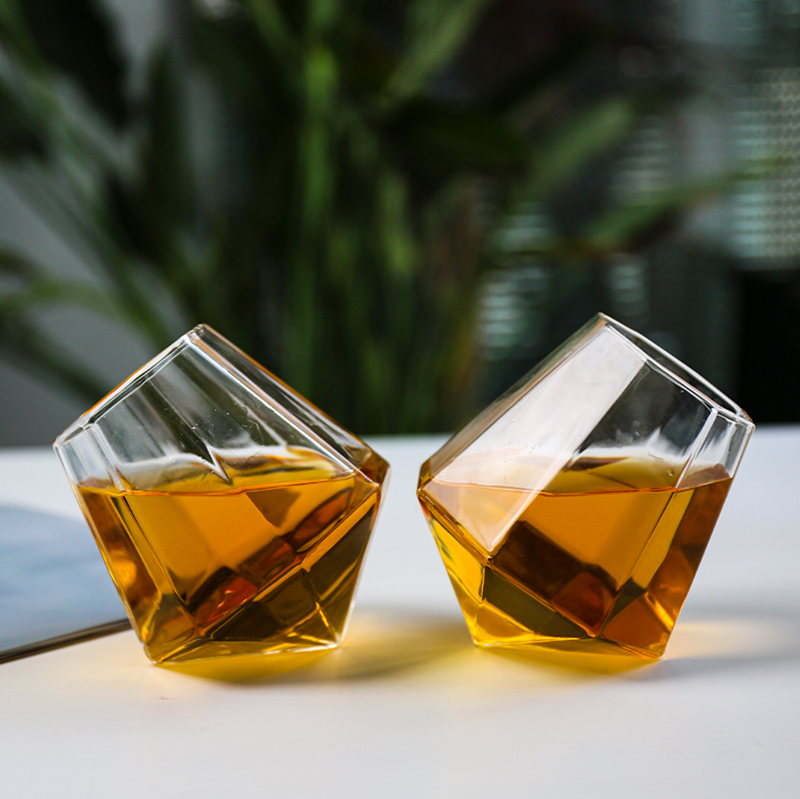 High-quality tilted whiskey glass by Jiateng, ideal for enjoying spirits, cocktails, or neat drinks, elegant and contemporary design