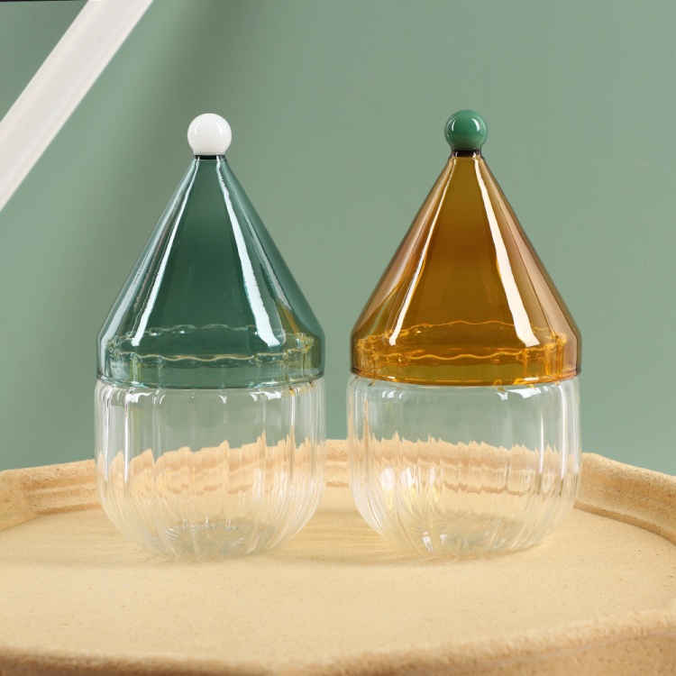 Jiateng gnome-inspired glass cup with colorful pointed hat lid, elegant and fun, perfect for tea, juice, or cocktails