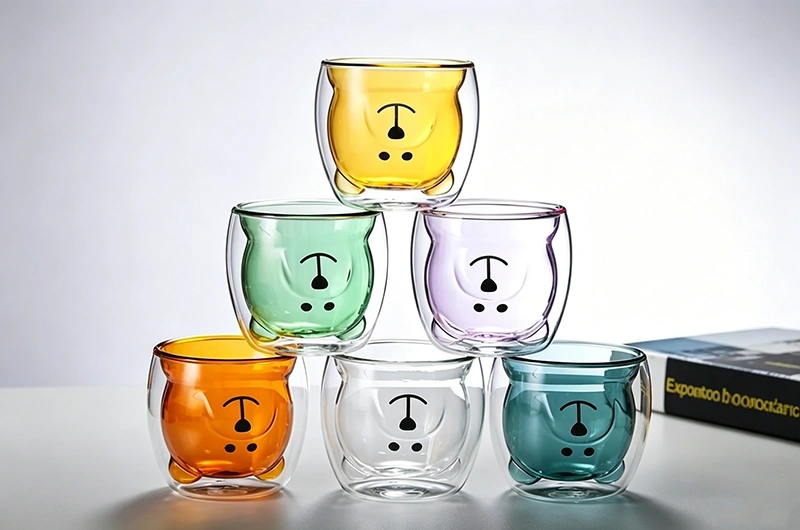 Cute Bear Double Wall Glass Cup Set | Insulated Cartoon Cups
