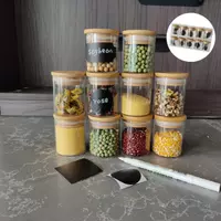 Jiateng clear glass storage jars with natural bamboo lids and chalkboard labels — perfect for pantry organization.