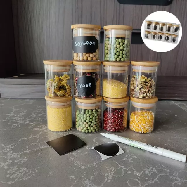 Jiateng clear glass storage jars with natural bamboo lids and chalkboard labels — perfect for pantry organization.