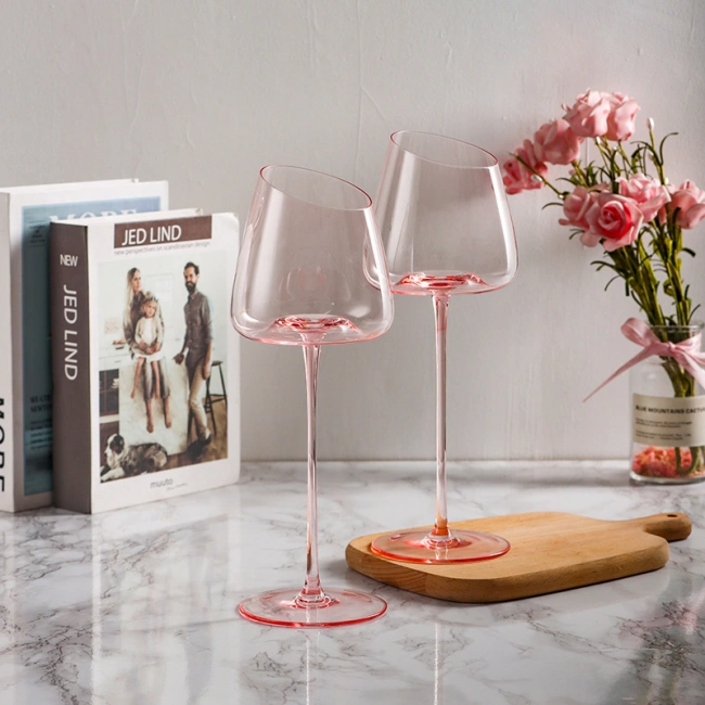 Stylish long stem pink wine glass suitable for red wine champagne and cocktail serving