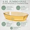 Top view of a 4.0L amber glass baking dish showing its wide oval opening, rounded interior and integrated side handles.
