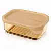 Rectangular single layer borosilicate glass food storage containers available in 560ml and 800ml sizes with beige PP lids and transparent glass bodies