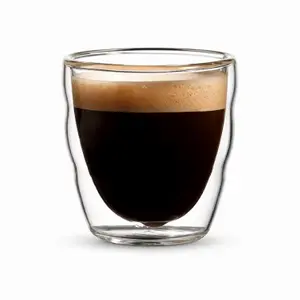 80ml transparent double wall espresso glass cup with compact handleless design and rounded inner bowl