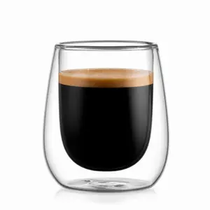 JT-D106 400ml transparent double wall coffee glass with rounded inner bowl and curved outer body