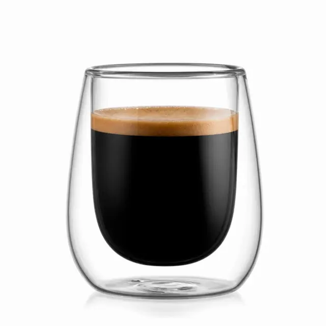 JT-D106 400ml transparent double wall coffee glass with rounded inner bowl and curved outer body