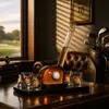Golf themed spirits serving set with whiskey decanter matching glasses and display stand
