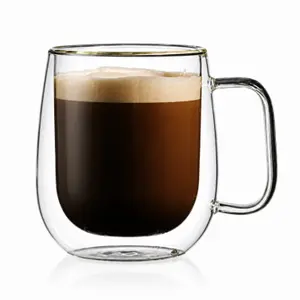 300ml transparent double wall glass coffee mug with rounded body and clear side handle