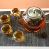 Clear glass teapot with fine mesh infuser for brewing loose leaf tea and flower tea
