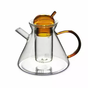 Handmade borosilicate glass teapot with amber handle and built-in glass infuser for loose leaf tea