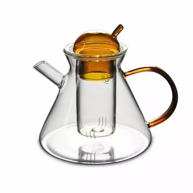 Handmade borosilicate glass teapot with amber handle and built-in glass infuser for loose leaf tea