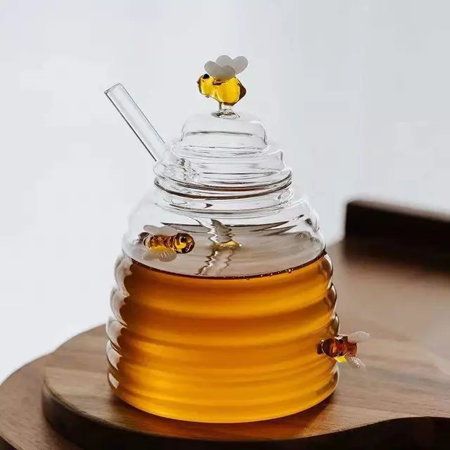 Glass Honey Jar with Dipper for Honey Storage and Kitchen Serving