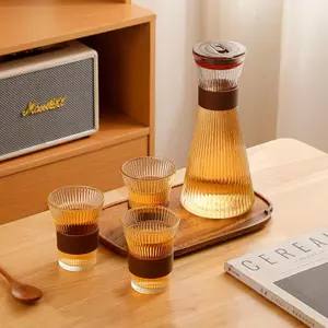 Jiateng ribbed glass carafe set with matching drinking cups for water juice and tea