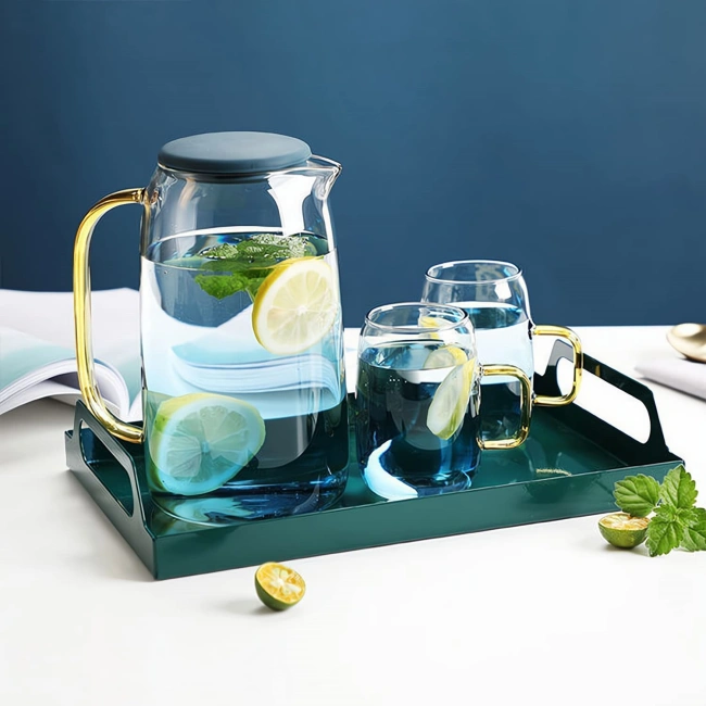  Premium borosilicate glass jug set with golden handle for tea and cold drinks