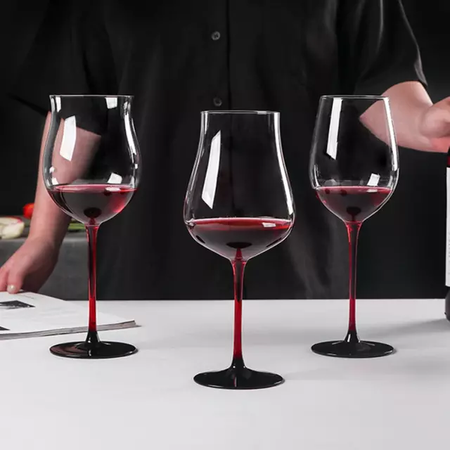 Jiateng modern red stem wine glasses set with black base, showcasing elegant and contemporary crystal stemware for dinner party
