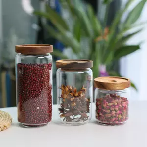 Jiateng transparent glass storage jars with wooden lids for tea spices herbs and dry food organization