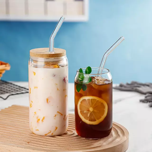 jiateng can shaped glass cup, bamboo lid iced coffee tumbler with glass straw