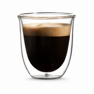 240ml transparent double wall glass coffee cup with a wide flared rim and rounded body