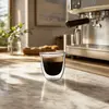 Compact transparent double wall coffee glass designed for espresso and small coffee servings